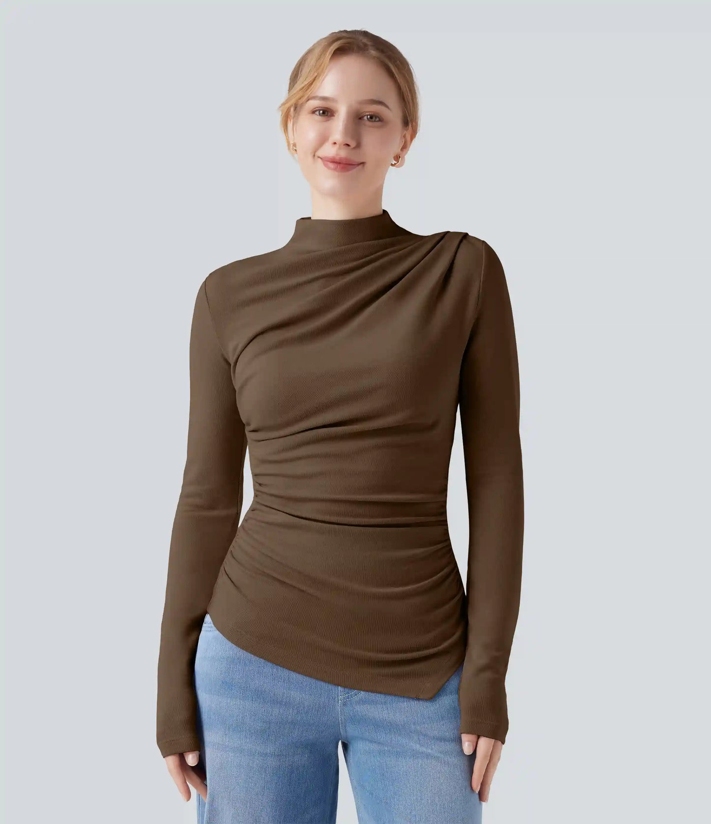 Mock-neck Long Sleeve Ruched Asymmetric Hem Thermal Casual Top