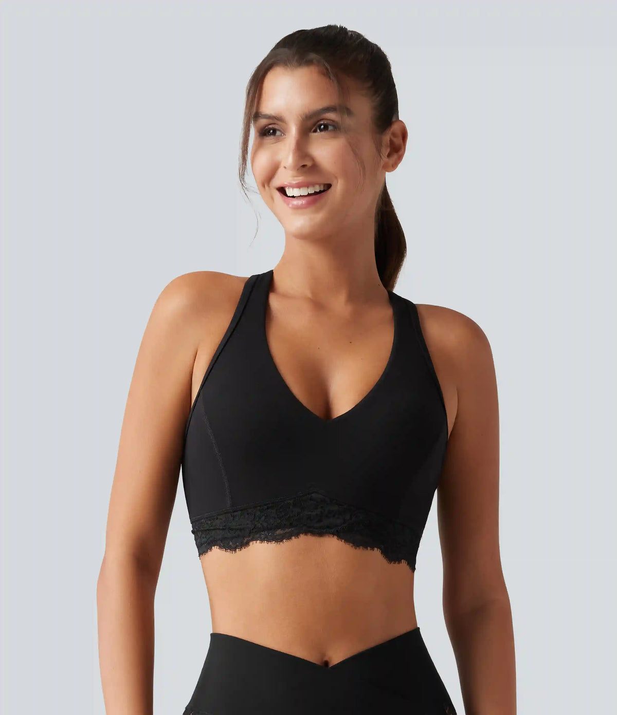 Halara UltraSculpt™ Low Support V Neck Built-in Bra Racerback Contrast Lace Workout Sports Bra