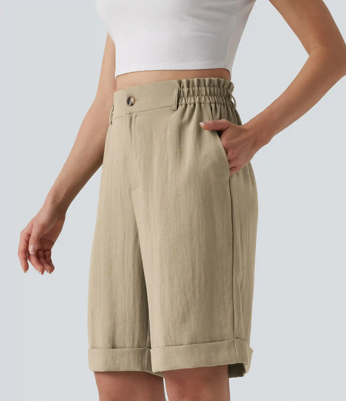 High Waisted Rolled Hem Linen-Feel Resort Bermuda Shorts 10'' with Pockets