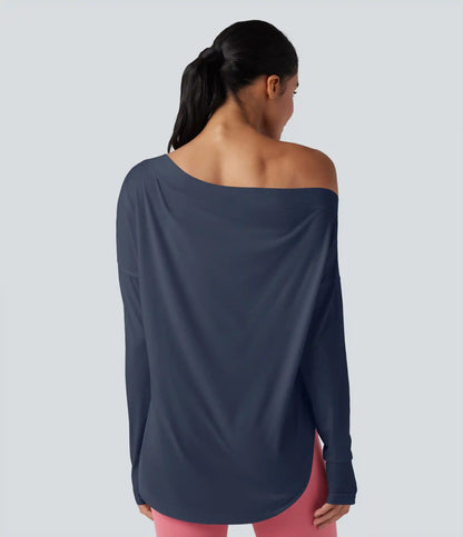 One Shoulder Long Sleeve Thumb Hole Curved Hem High Low Quick Dry Yoga Sports Top-Built-in Bra