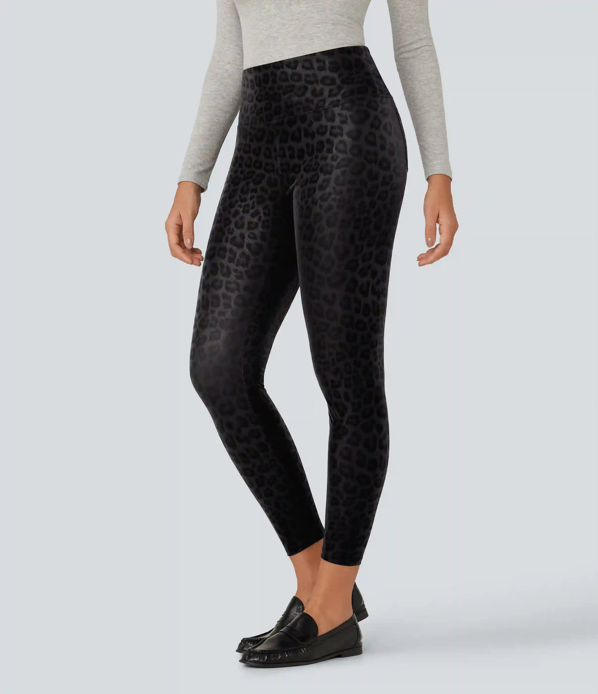 High Waisted Tummy Control Stretchy PU Leopard Print Fleece Casual Leggings with Pockets