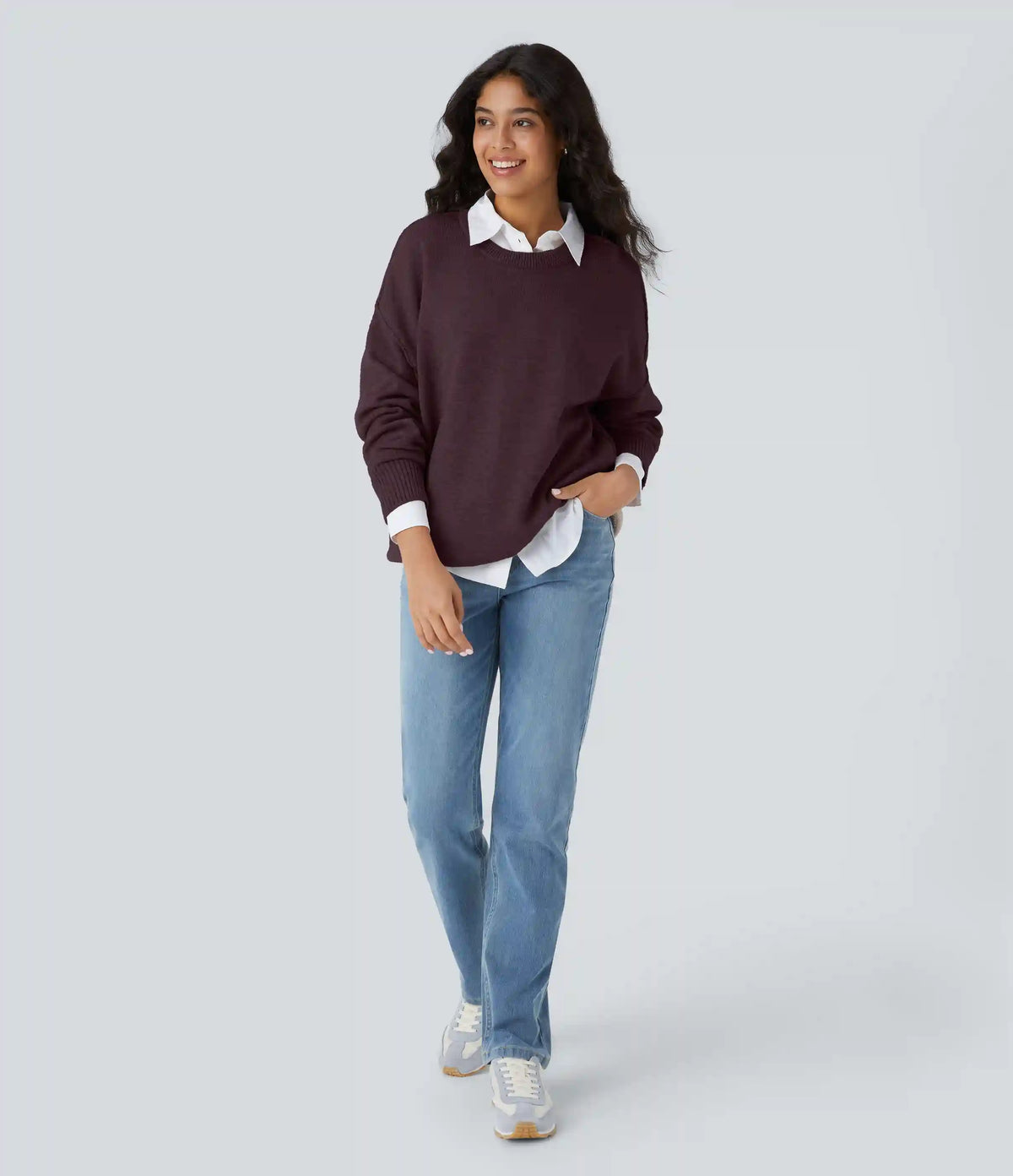Round Neck Dropped Shoulder Long Sleeve Casual Sweater