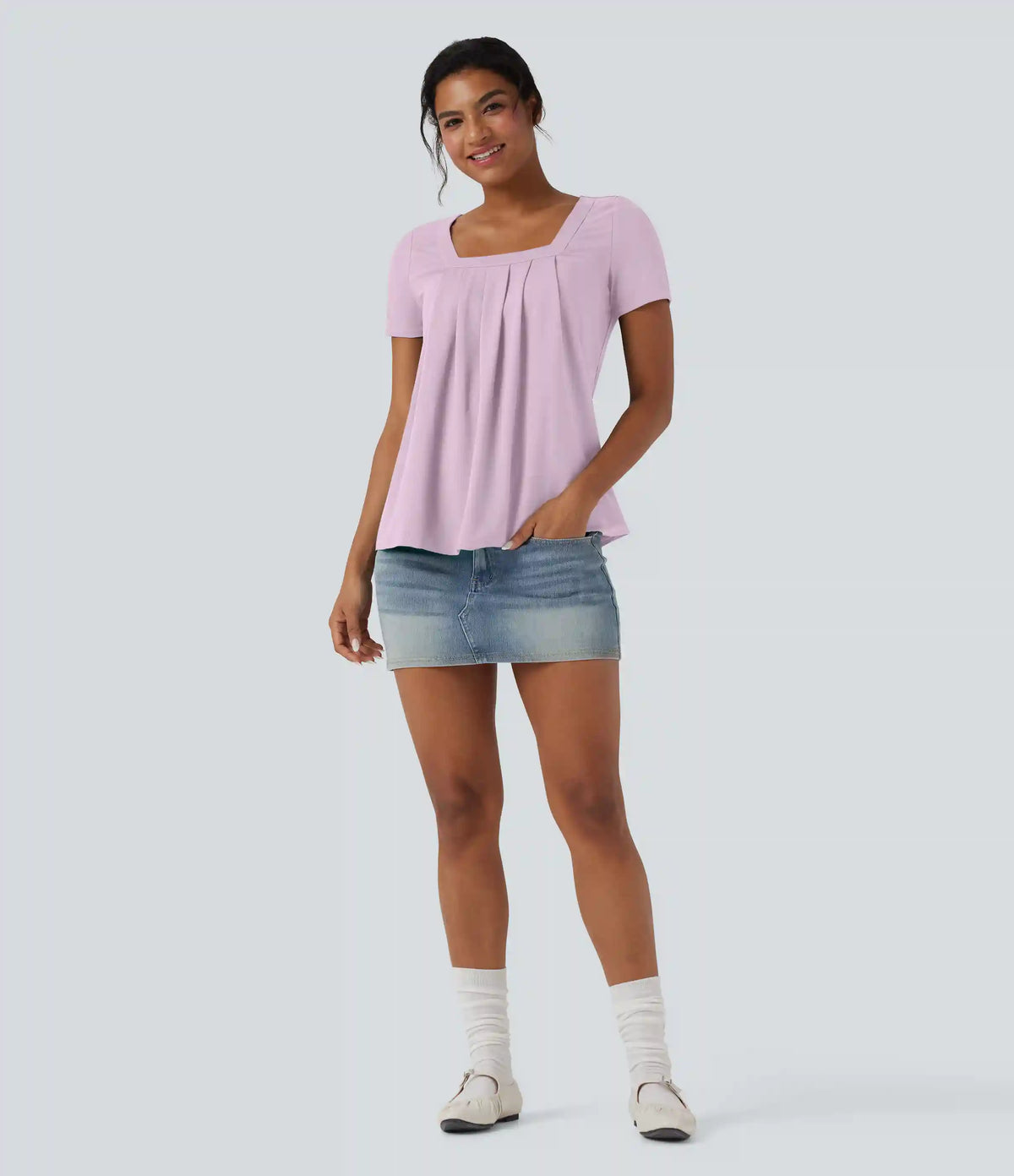 Square Neck Short Sleeve Casual Blouse