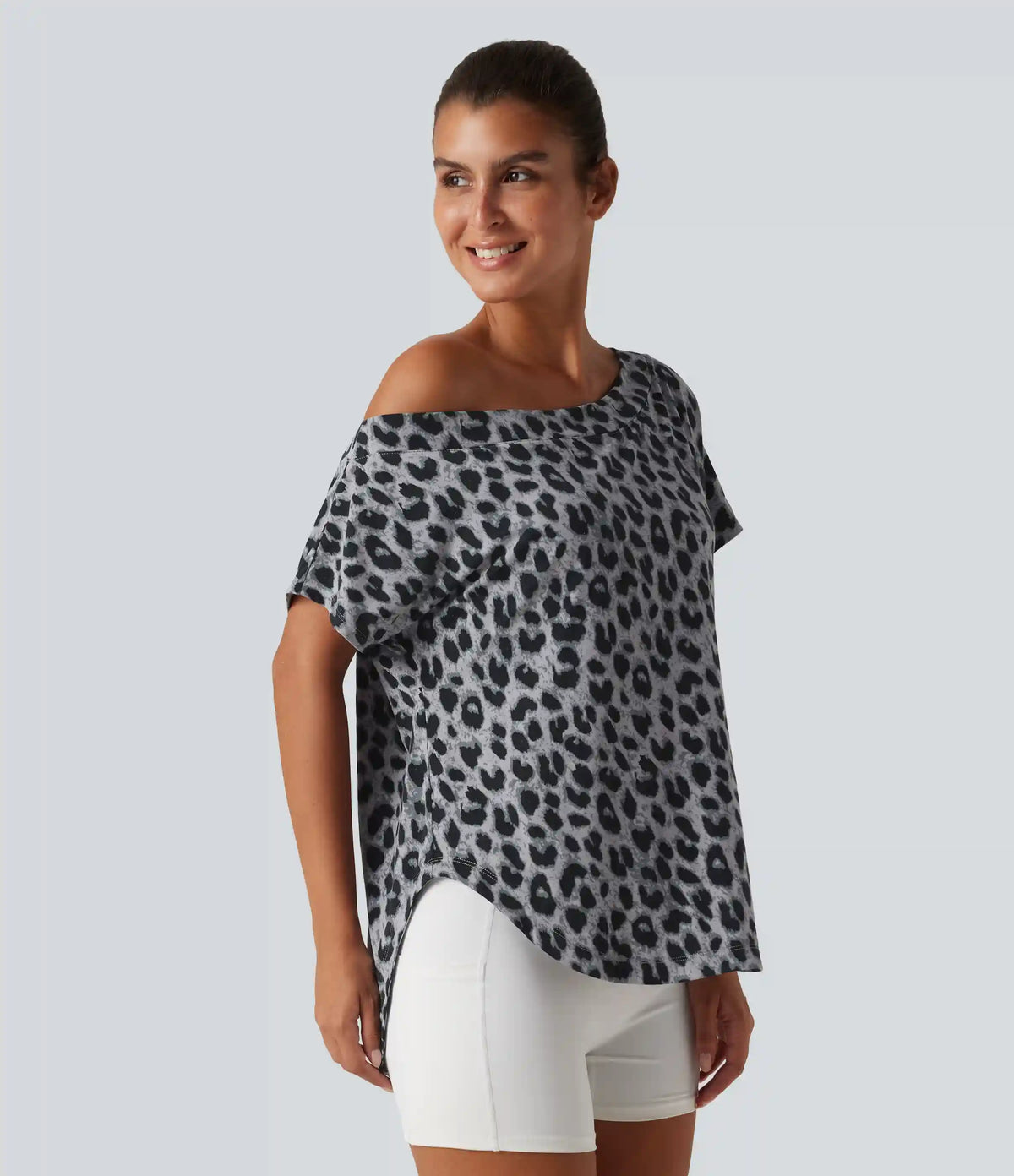 One Shoulder Short Sleeve Leopard Print Built-in Bra Curved Hem High Low Yoga Sports Top
