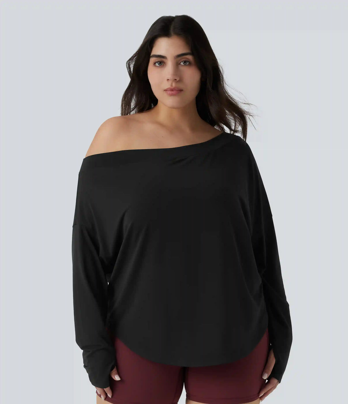 One Shoulder Long Sleeve Thumb Hole Curved Hem High Low Quick Dry Yoga Plus Size Sports Top-Built-in Bra