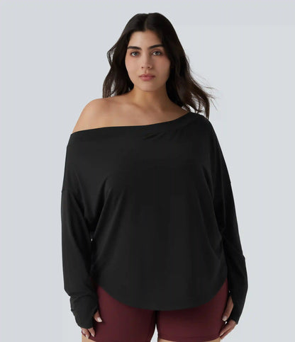 One Shoulder Long Sleeve Thumb Hole Curved Hem High Low Quick Dry Yoga Plus Size Sports Top-Built-in Bra