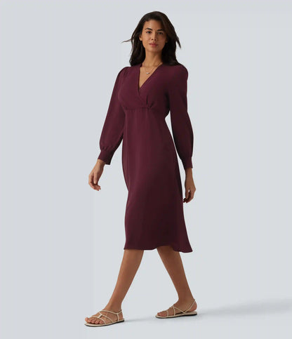 V-neck Puff Long Sleeve Midi Casual Dress