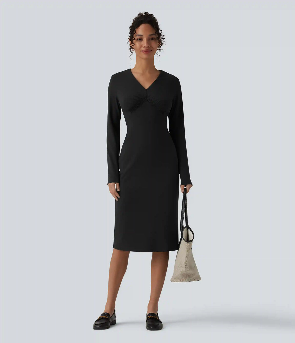 V-Neck Long Sleeve Ruched Split Midi Work Dress