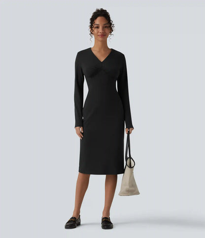 V-Neck Long Sleeve Ruched Split Midi Work Dress