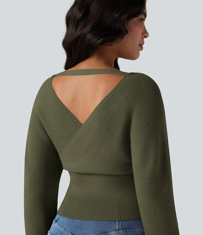 V-neck Batwing Long Sleeve Cut-out Casual Sweater