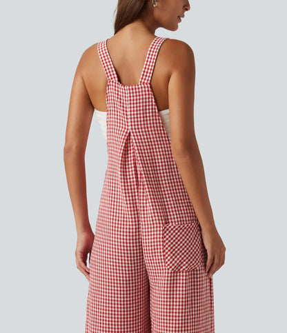 Plaid Casual Linen-Feel Overalls with Pockets