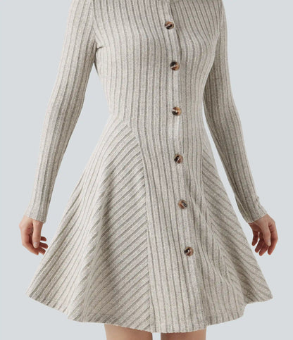 Ribbed Knit Round Neck Long Sleeve Flare Mini Casual Dress