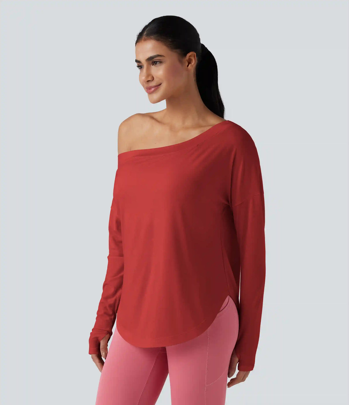 One Shoulder Long Sleeve Thumb Hole Curved Hem High Low Quick Dry Yoga Sports Top-Built-in Bra