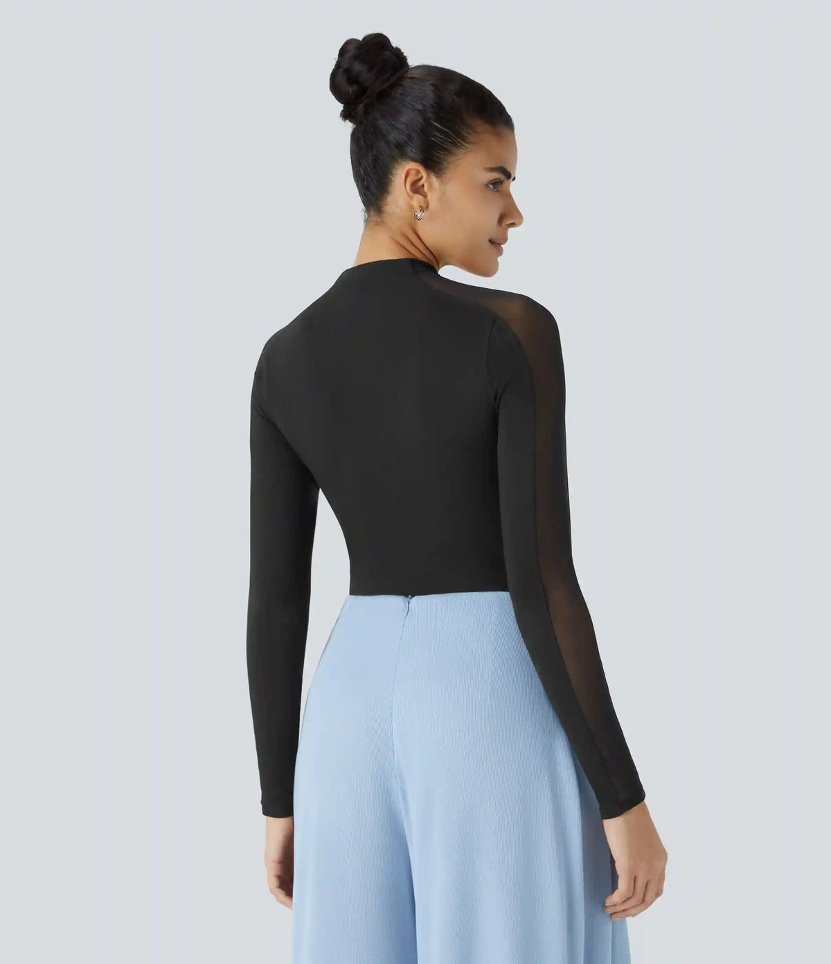 Stand Collar Raglan Long Sleeve Contrast Mesh Skinny Work Top