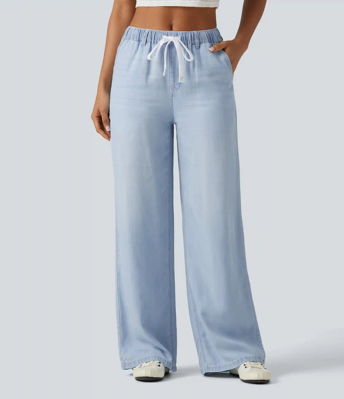 Mid Rise Drawstring Casual Jeans with Pockets