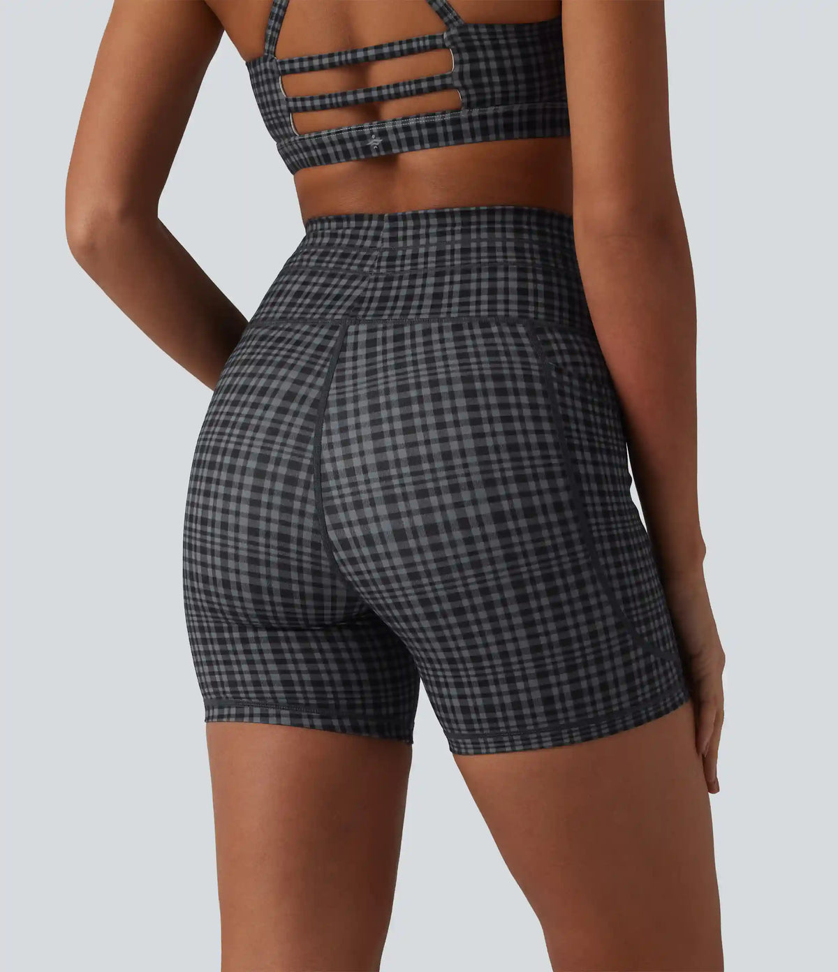 Halara UltraSculpt™ Check Plaid Print High Waisted Drawstring Yoga Biker Shorts 5'' with Pockets
