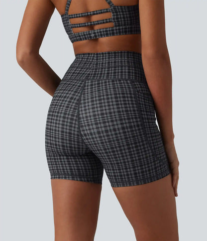 Halara UltraSculpt™ Check Plaid Print High Waisted Drawstring Yoga Biker Shorts 5'' with Pockets