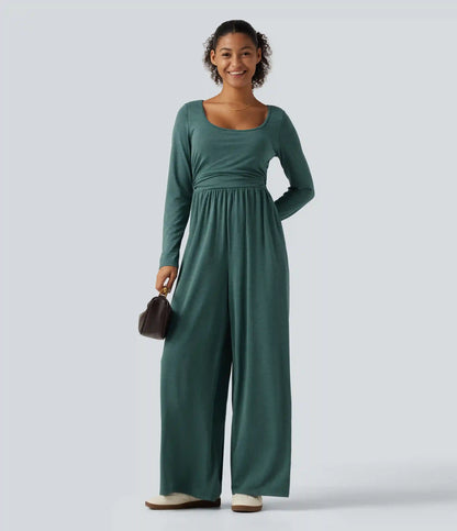 Scoop Neck Long Sleeve Built-in Bra Wide Leg Ruched Casual Jumpsuit with Pockets-Easy Peezy Edition