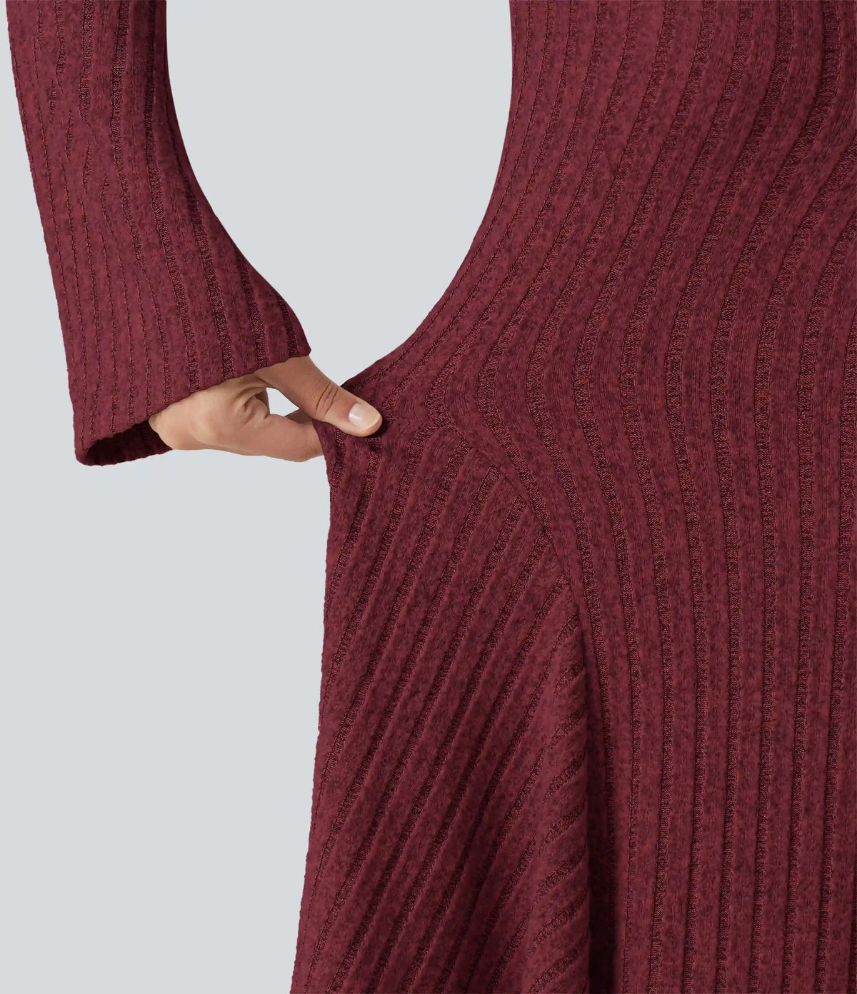 Ribbed Knit Square Neck Flounce Long Sleeve Decorative Knot Flare Mini Casual Dress