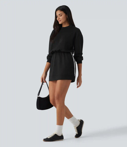 Round Neck Dropped Casual Sweatshirt Mini Dress with Pockets