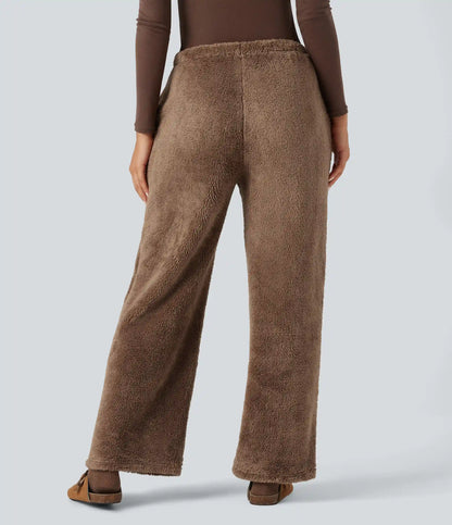 Mid Rise Drawstring Teddy Straight Leg Casual Pants with Pockets