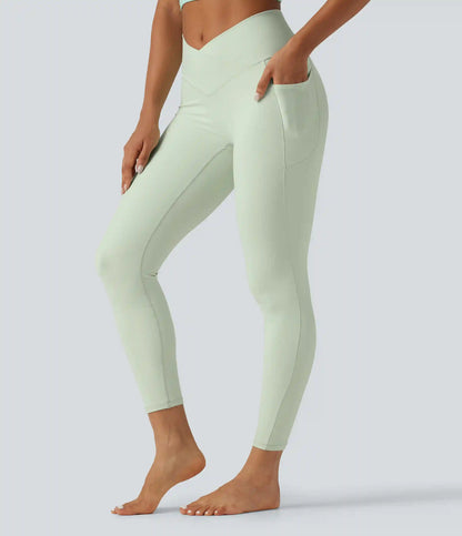 SoftlyZero™ High Waisted Crossover Plain Yoga Leggings with Pockets