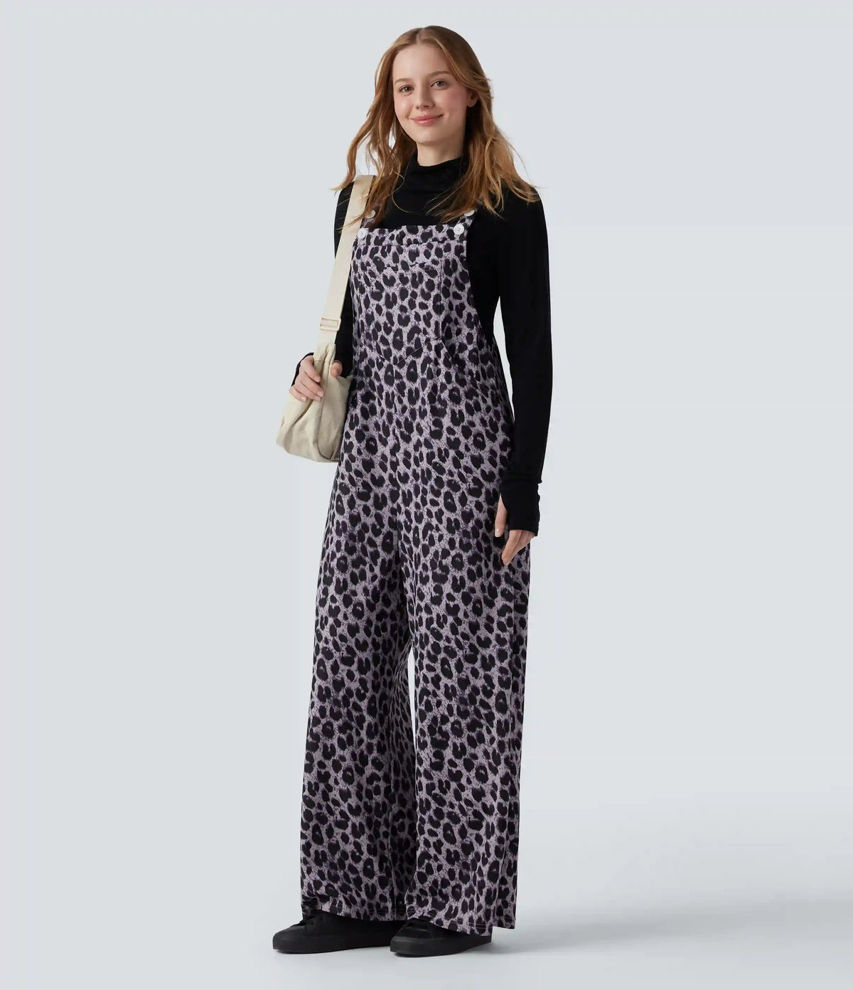 Leopard Print Waffle Casual Overalls with Pockets