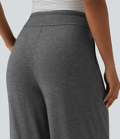 High Waisted Drawstring Pleated Heathered Casual Baggy Pants with Pockets