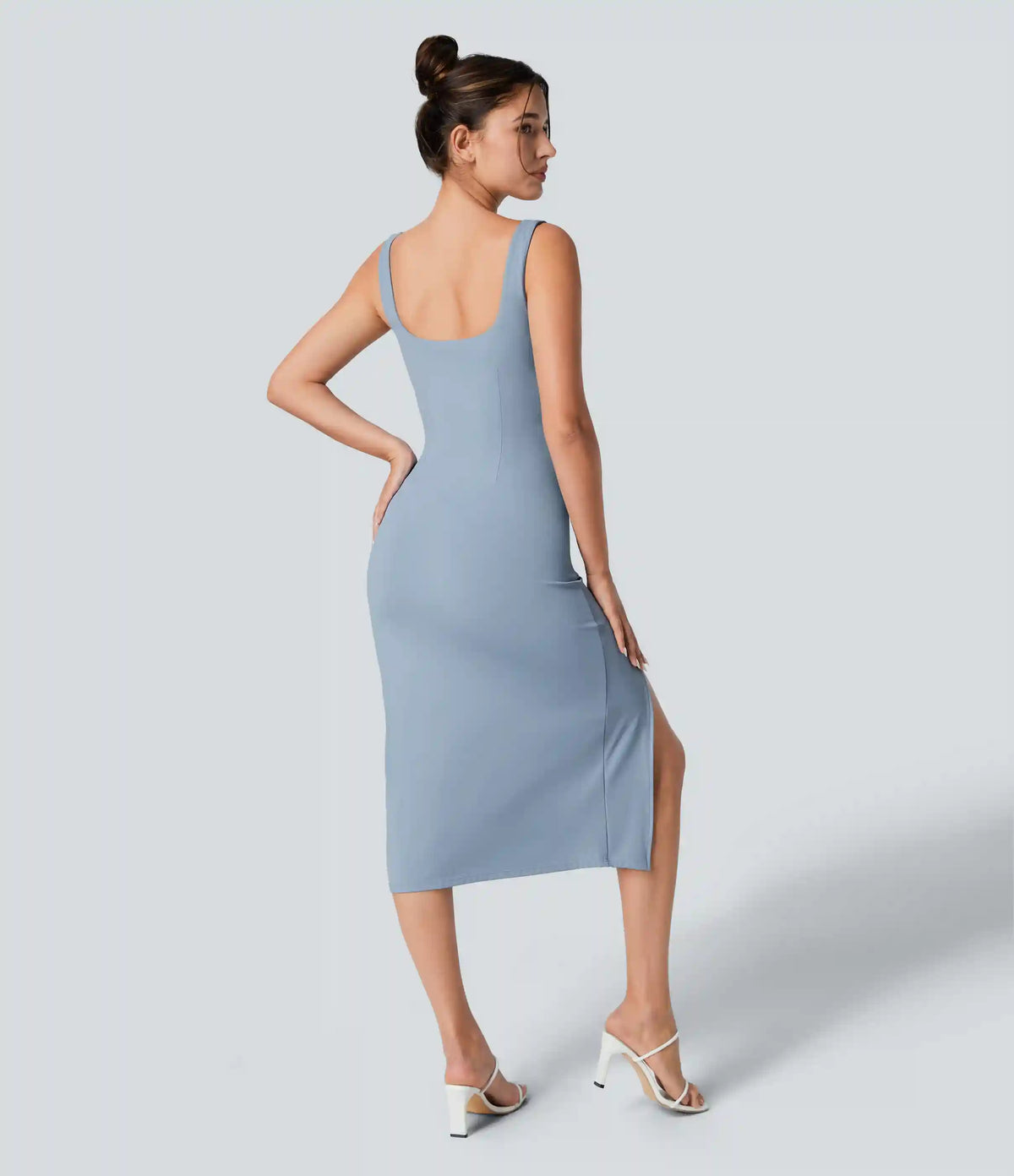 SoftlyZero™ Airy Square Neck Backless Corset Ruched Split Bodycon Midi InstantCool Bridesmaid and Wedding Guest Dress
