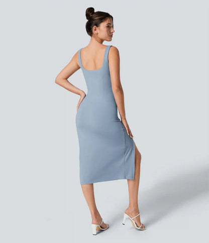 SoftlyZero™ Airy Square Neck Backless Corset Ruched Split Bodycon Midi InstantCool Bridesmaid and Wedding Guest Dress