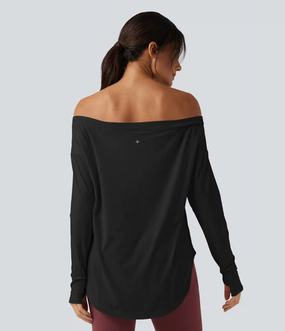 Off Shoulder Long Sleeve Build-in Bra Quick Dry Yoga Sports Tops