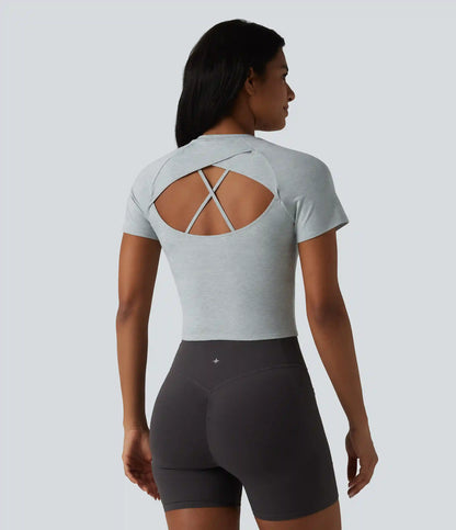 Round Neck Short Sleeve Built-in Bra Yoga Sports Top