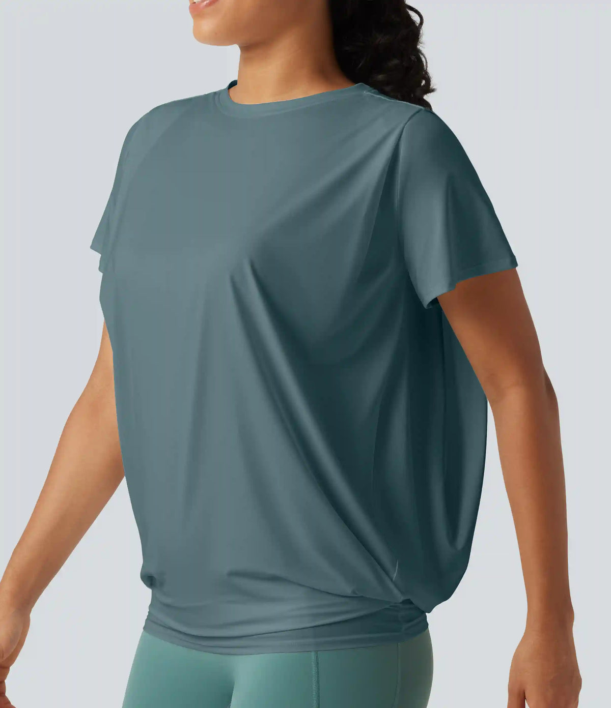 Round Neck Short Sleeve Ruched InstantCool Yoga Sports Top-Longer Length-UPF50+