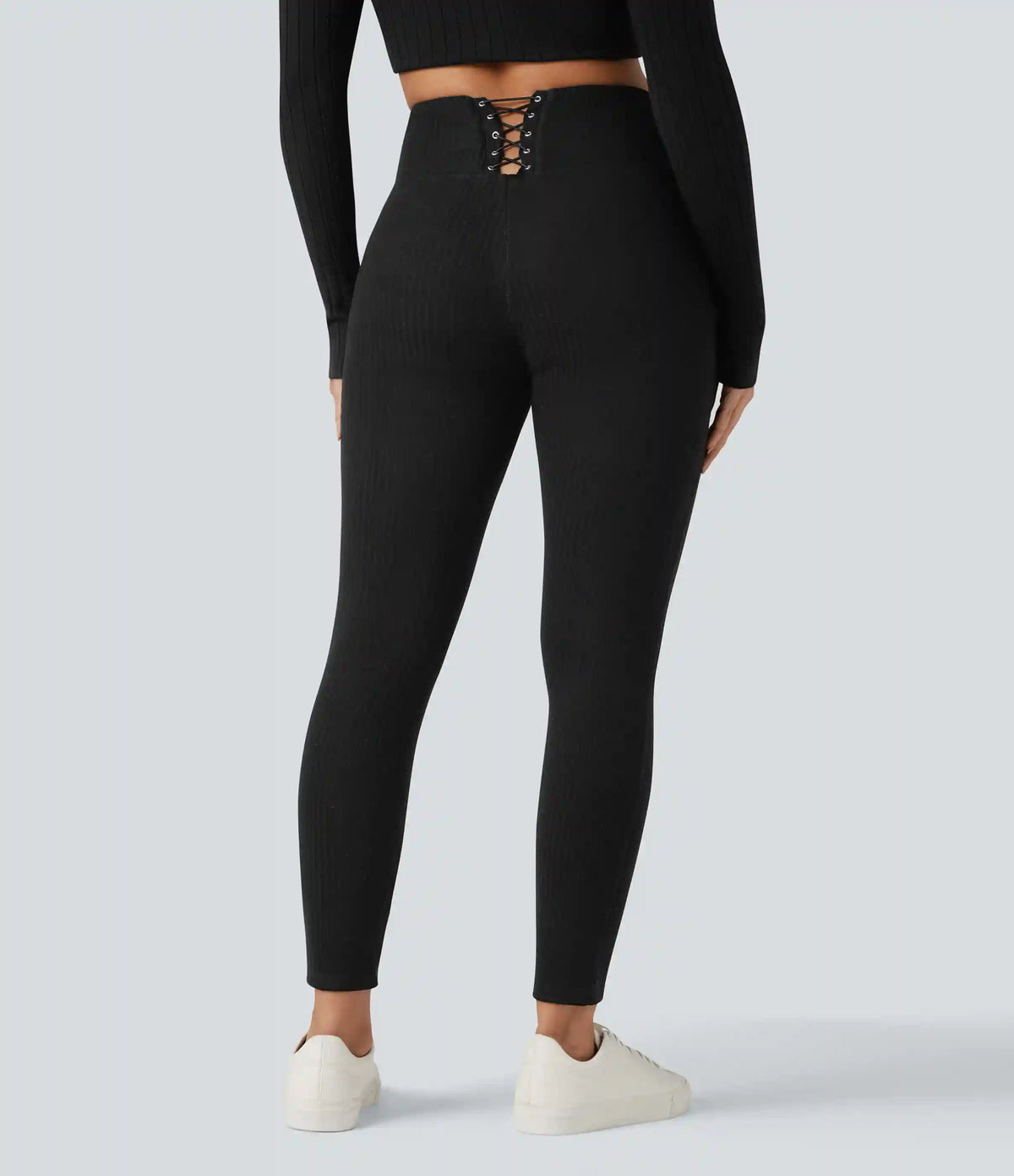 Ribbed Knit High Waisted Crisscross Back Casual Leggings with Pockets