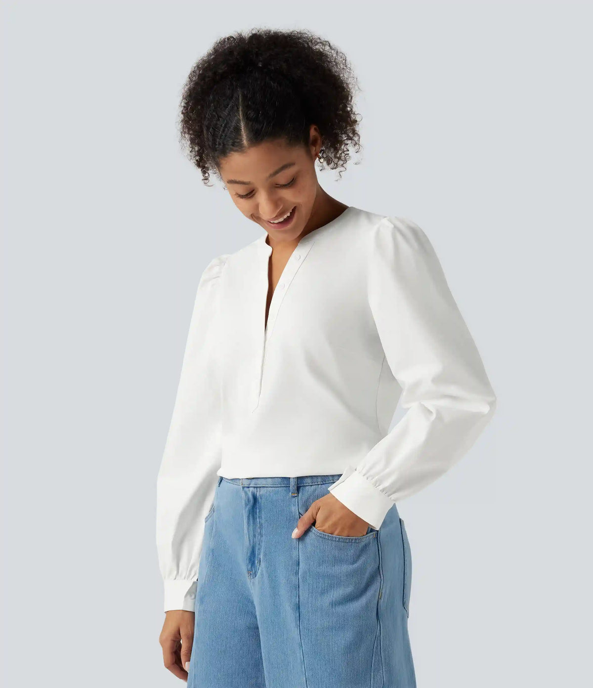 Henley Neck Puff Long Sleeve Casual Blouse
