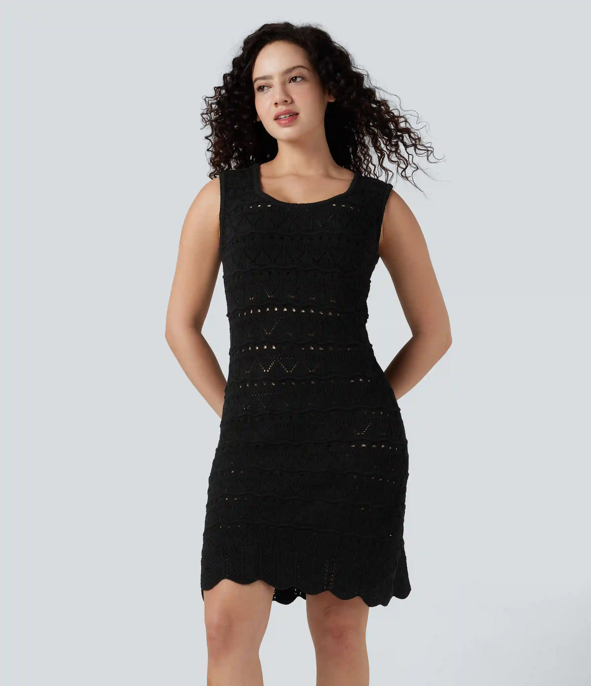 U-Neck Sleeveless Scallop Hem Open Knit Mini Casual Sweater Dress
