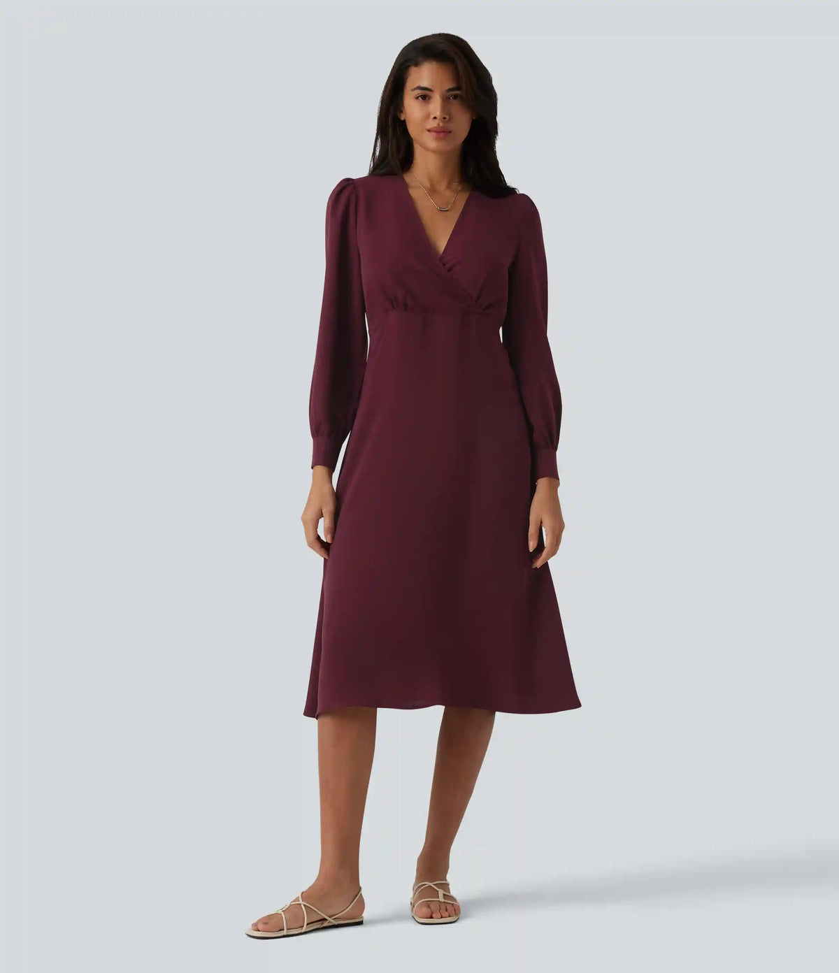 V-neck Puff Long Sleeve Midi Casual Dress