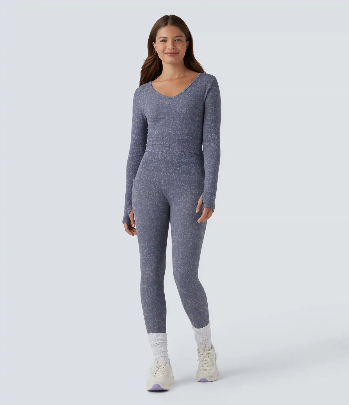OneForm Seamless Flow V Neck Long Sleeve Thumb Hole Cropped Yoga Sports Top