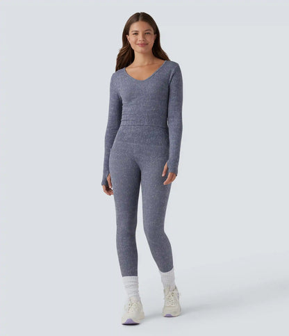 OneForm Seamless Flow V Neck Long Sleeve Thumb Hole Cropped Yoga Sports Top