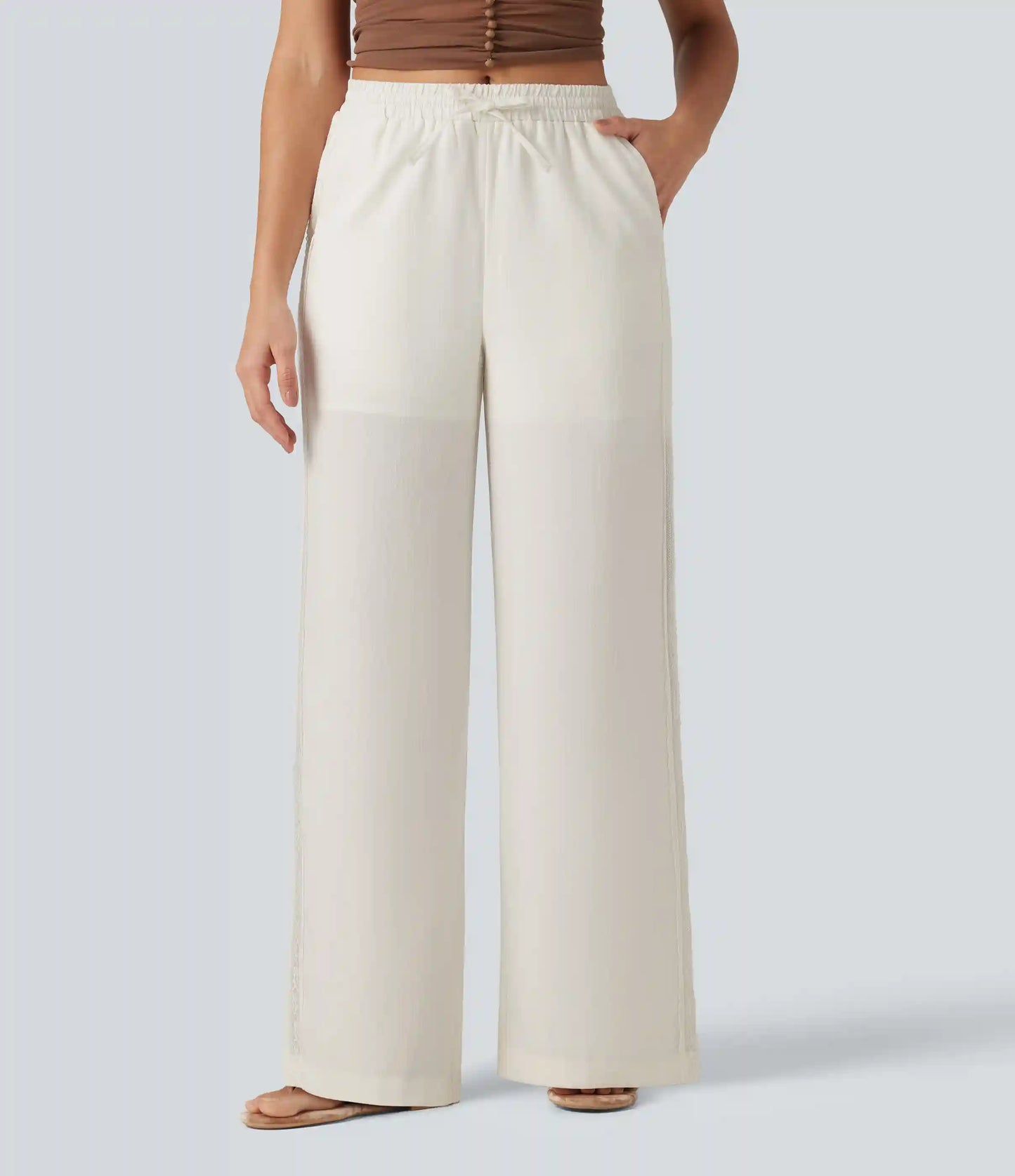 Mid Rise Drawstring Contrast Lace 2-in-1 Casual Linen-Feel Baggy Pants with Pockets