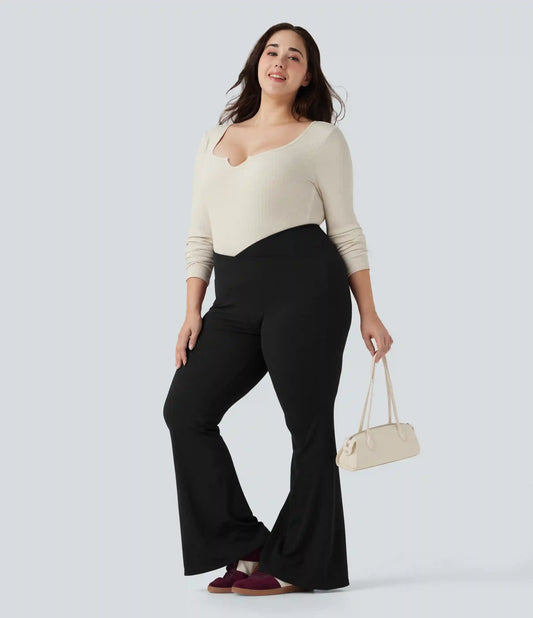 Plus Size Crossover High Waisted Waffle Casual Flare Pants with Pocket