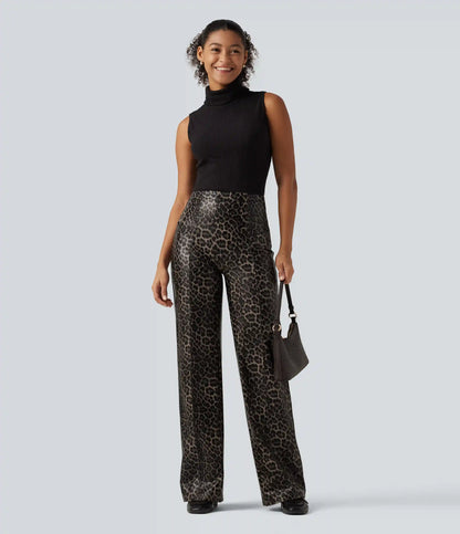 High Waisted Stretchy PU Leopard Print Leather Flare Casual Pants with Pockets