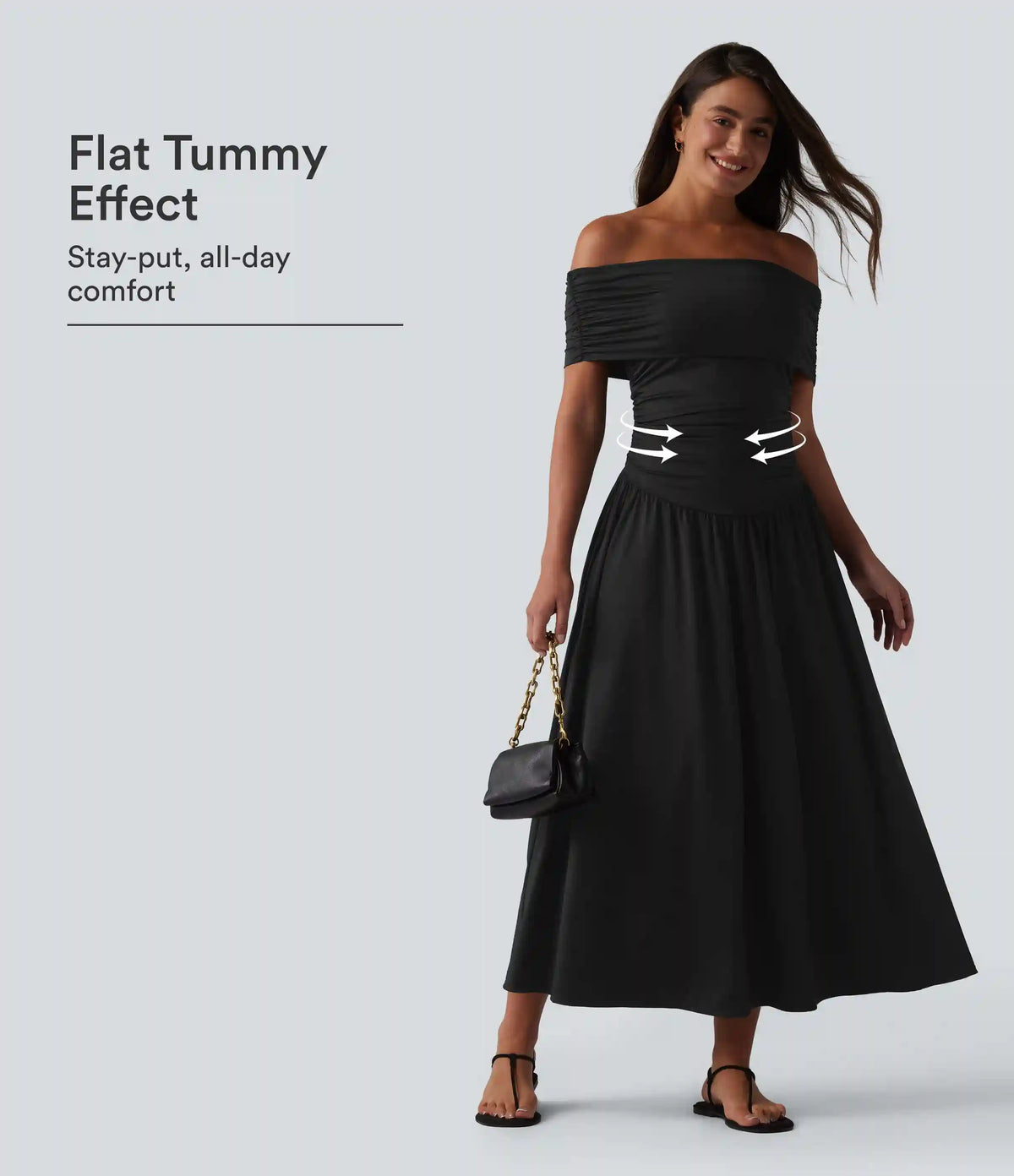 Off-shoulder Tummy Control Ruched Built-in Bra Maxi Flowy Casual Dress A-D Cups