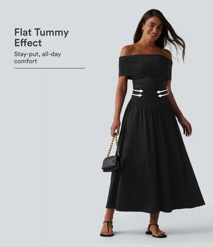 Off-shoulder Tummy Control Ruched Built-in Bra Maxi Flowy Casual Dress A-D Cups
