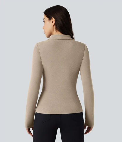 Ribbed Knit V-neck Crossover Long Sleeve Work Top