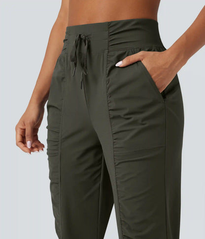 High Waisted Drawstring Ruched Tapered Quick Dry Cool Touch Dance Joggers with Pockets-UPF40+