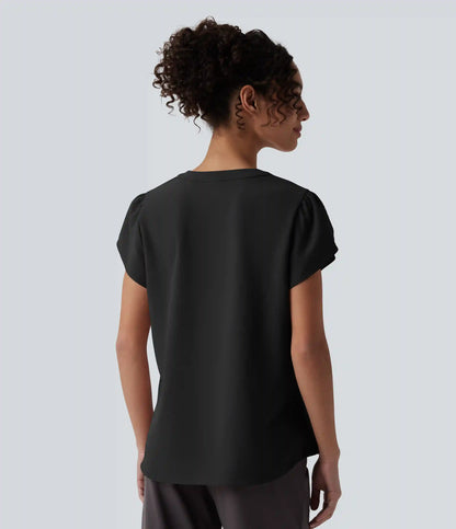 V-neck Petal Short Sleeve Work Blouse