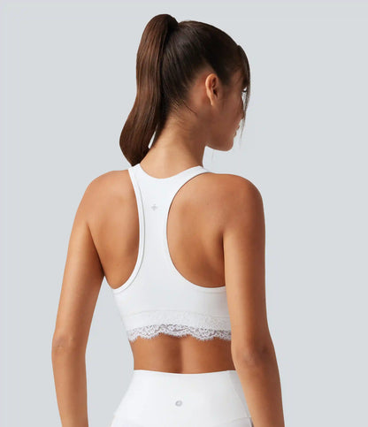 Halara UltraSculpt™ Low Support V Neck Built-in Bra Racerback Contrast Lace Workout Sports Bra
