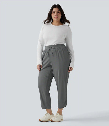 Plus Size Mid Rise Drawstring Curved Hem Quick Dry Golf Tapered Pants with Pockets-UPF40+