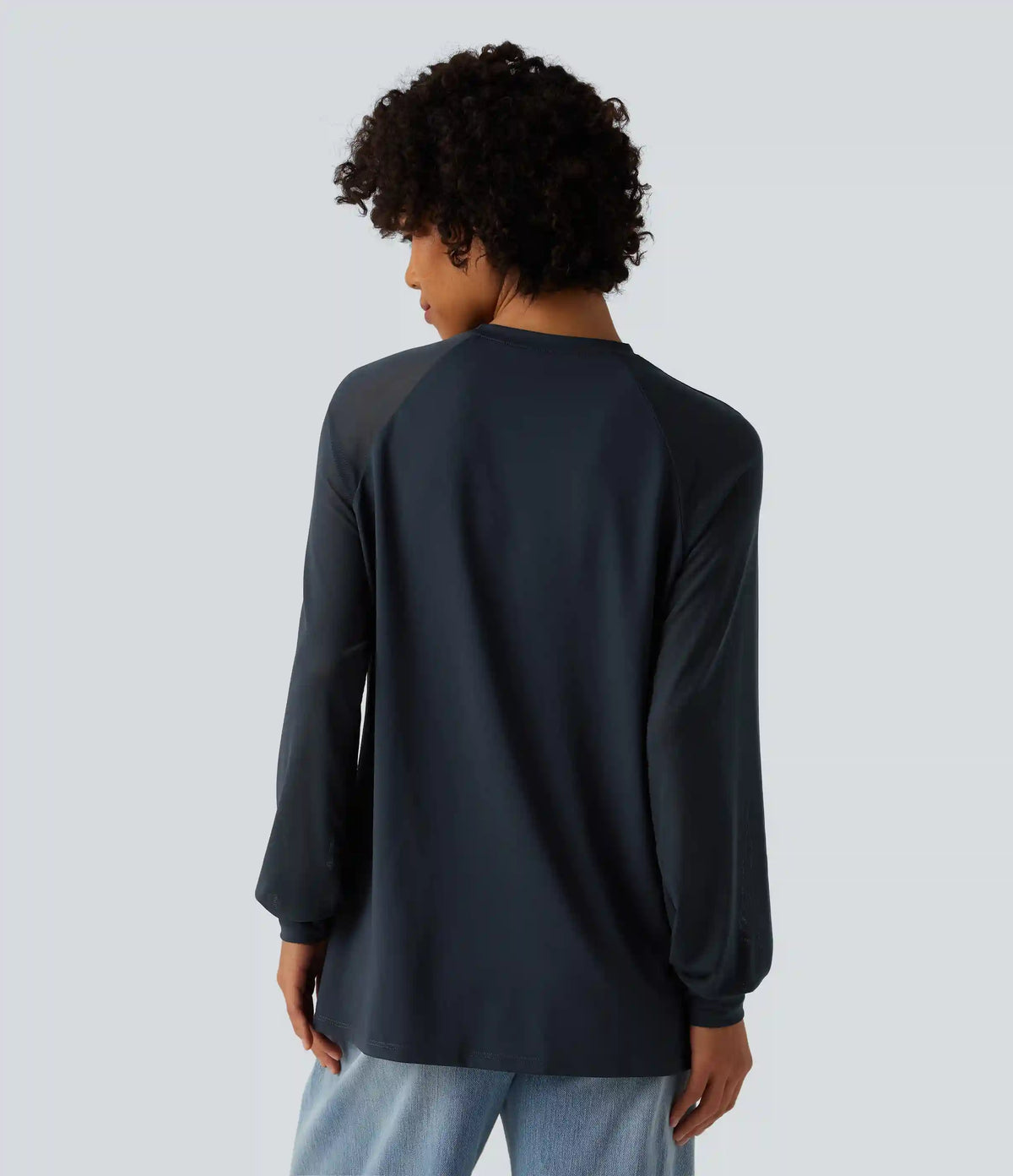 Round Neck Raglan Long Sleeve Contrast Mesh Casual Blouse